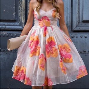 Anthropologie tracy reese pink orange tan ballerina floral organza midi dress